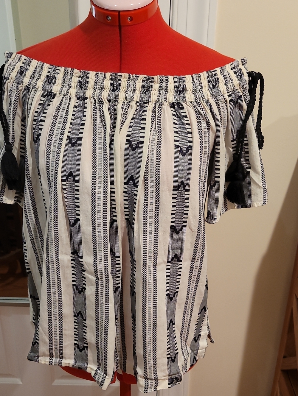Anthropologie Off-Shoulder Stripe Tassel Blouse - White & Black
